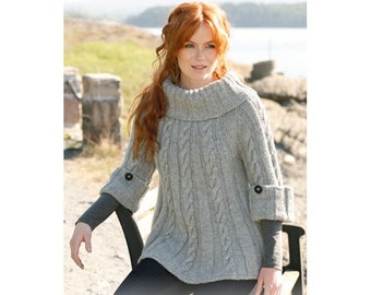 Hand knitted women's sweater in alpaca and wool, cable sweater, women's wool jumper, alpaca jumper, wide collar sweater.