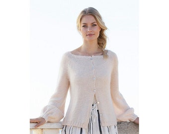 Hand knitted women's cardigan in alpaca mohair and silk, puff sleeves, puffed sleeves cardigan, wide sleeves cardigan.