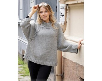 Hand knitted oversized jumper in wool with cables, high neck sweater, handknit jumper, hand made pullover, cozy woman jumper.