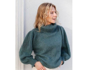 Stylish Puff-Sleeve Sweater, Hand knitted women jumper in mohair and silk, puffed sleeves sweater with roll neck.
