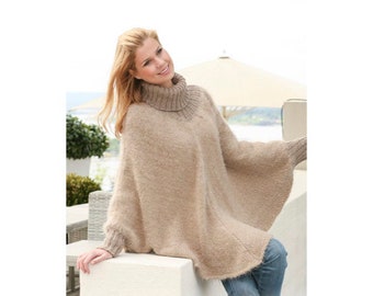 Hand knitted women's poncho in alpaca, poncho sweater, cozy poncho, high collar, winter poncho, turtle neck poncho, hand knit poncho.