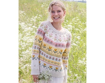 Spring Summer Hand knitted women's jumper in cotton, fair isle sweater.