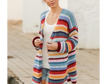 Hand-Knitted Rainbow Striped Cardigan: Oversized Alpaca Blend