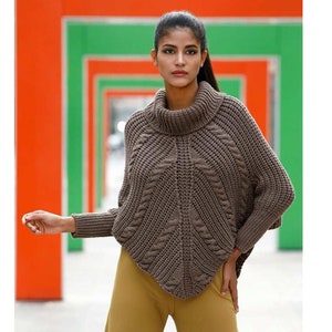 Handmade Merino Wool Poncho with Sleeves - Cozy Cable Knit Sweater Poncho - Ribbed Neck Warm Oversized Poncho - Women Winter Fashion