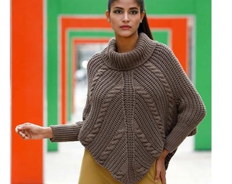 Handmade Merino Wool Cable Knit Poncho with Sleeves