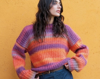 Hand-Knitted Mohair Blend Sweater: Gradient Rainbow Oversized Jumper
