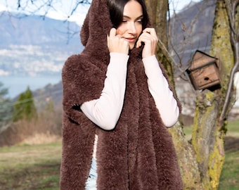 Microfiber Hooded Poncho: Plush Eco-Fur Shawl