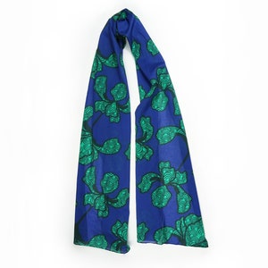 100% Cotton Iris Scarf, Long Length , Handmade, Blue Floral Patterned Scarf For Women, Gift