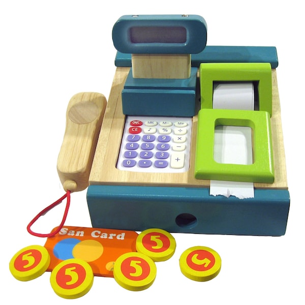 Turquoise green Cash Register with calculator, scanner, coins and credit card