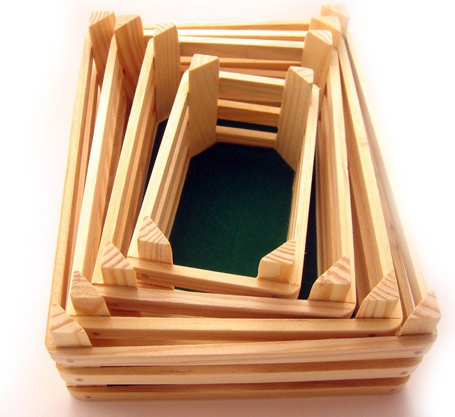 4 different wooden crates, fruit and vegetable boxes set