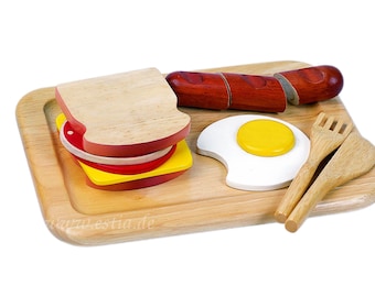 herzhaftes Frühstücksset 1 mit Spiegelei und Wurst aus Holz  Kaufladenzubehör