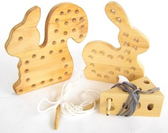 Threading game rabbit, horse, squirrel or cheese with mouse, threading toy made of wood