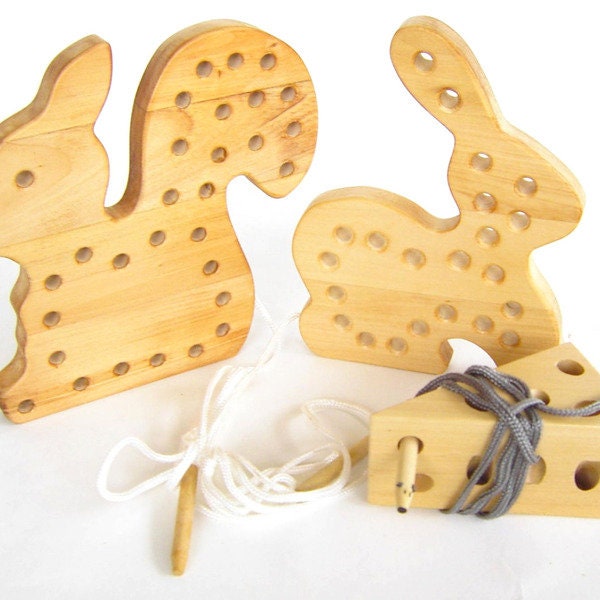 Threading game rabbit, horse, squirrel or cheese with mouse, threading toy made of wood