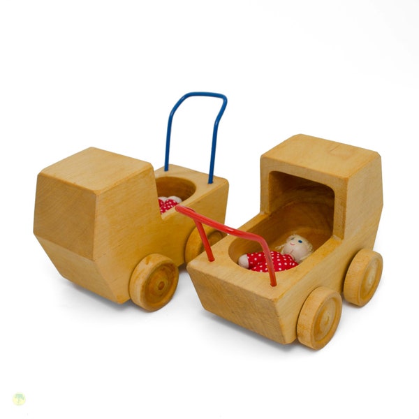 Puppenwagen mit Baby fürs große Puppenhaus aus Holz