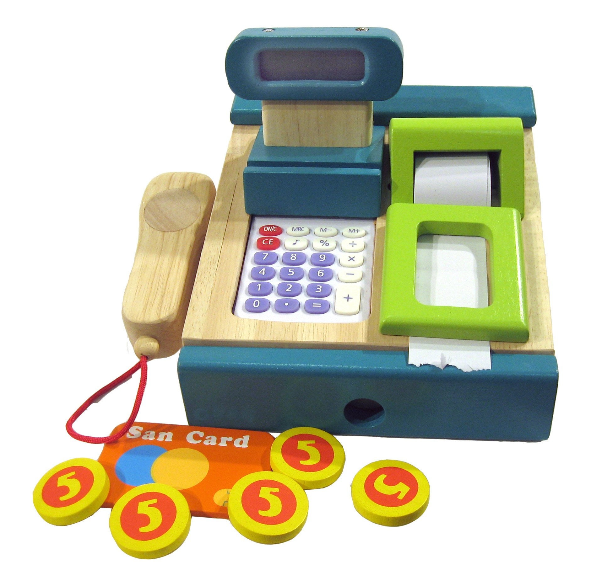 Wooden Pretend Play Toy Cash Register with Coins Cash Scanner and VIP Card 
