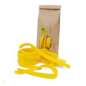 Set of 3 yellow pasta made of felt in a paper bag, 10 pieces each. Tagiatelle, Farfalle, Ravioli