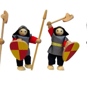 May include: Four wooden toy knights with shields, swords, and spears. The knights are wearing black and grey armor with red accents. The shields are yellow and red.