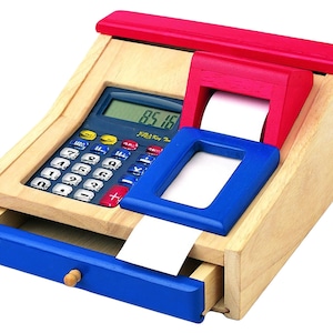 Red and Blue Cash Register with calculator, scanner, made of wood