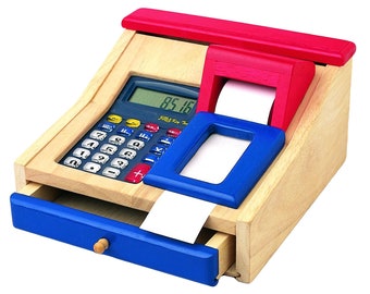 Red and Blue Cash Register with calculator, scanner, made of wood