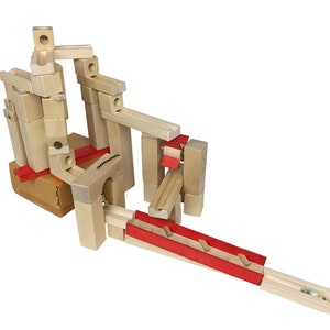 Complete set of wooden marble run with many extra elements and 10 glass marbles