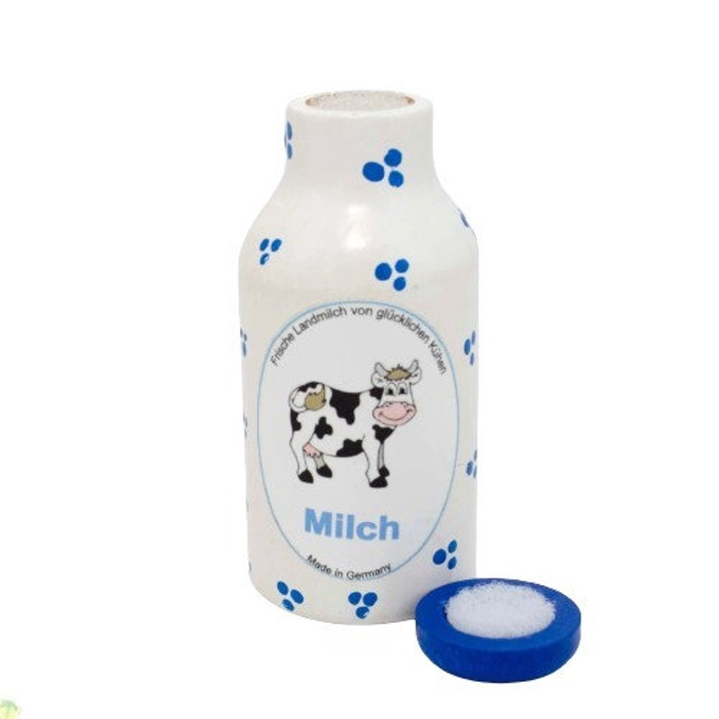 Milchflasche aus Holz für Kinderküche Sonderedition mit blauen Punkten Bild 3