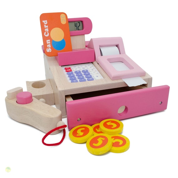 Registratore di cassa rosa per bambini con scanner realizzato con accessori  per negozi in legno -  Italia