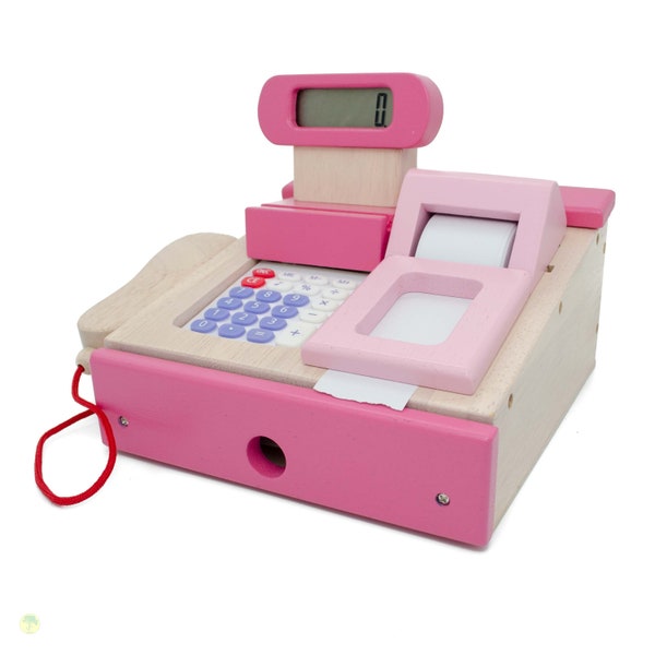 wooden Pink Cash Register with calculator, scanner, coins and credit card