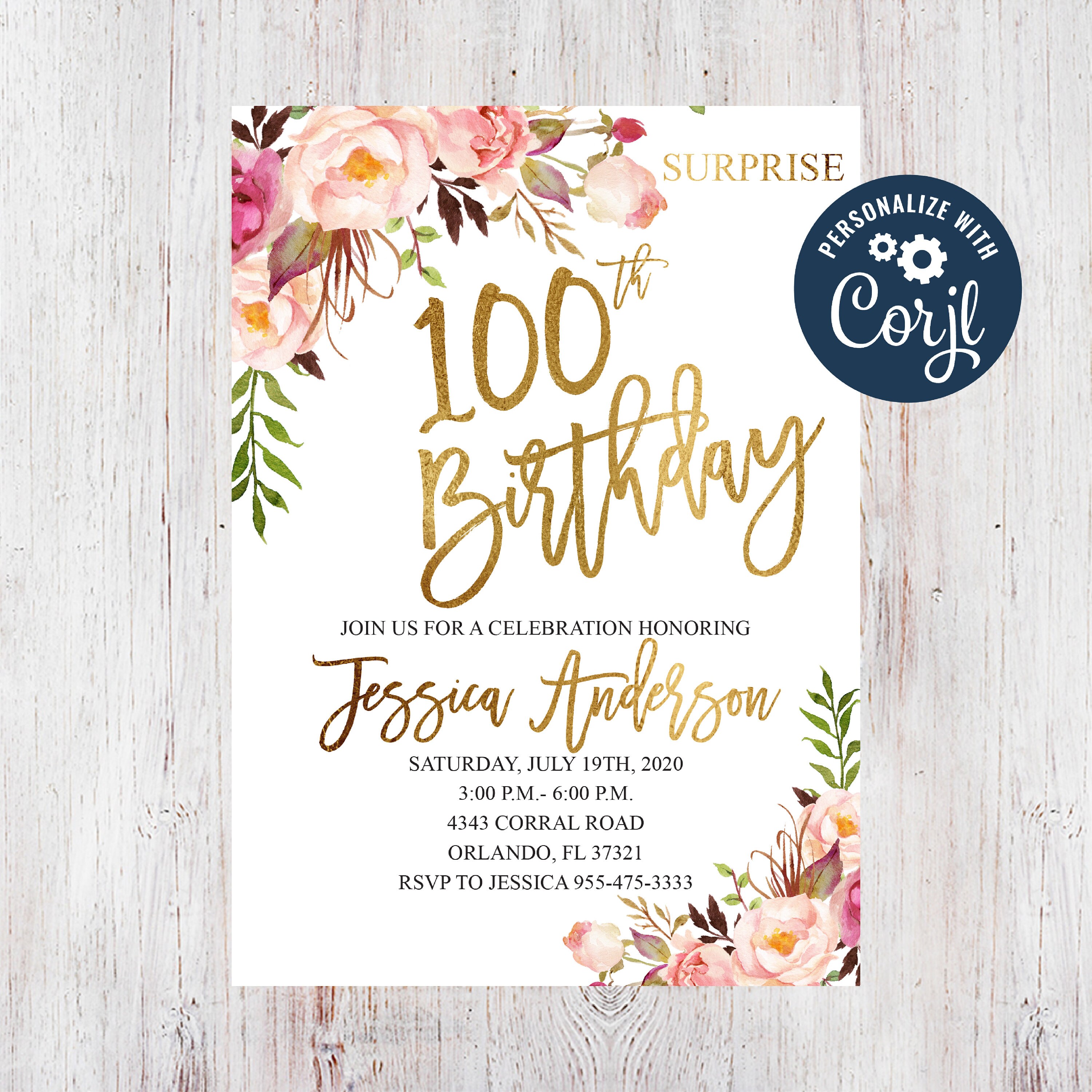 Editable Floral Women Birthday Invitation 100th Birthday Etsy