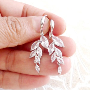 Earrings bridal crystal zirconia leaf marquise drops silver rhinestone bridal jewelry bridal earrings wedding wedding jewelry wedding earrings