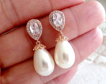 Stud earrings pearl drops zirconia rose gold bridal jewelry bridal earrings wedding wedding jewelry pearl earrings bride red gold ivory white cream