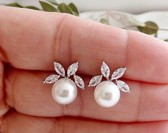 Stud earrings FLOWER pearl round zirconia silver cz bridal jewelry bridal earring bridesmaid wedding wedding jewelry branch pearl earrings bride