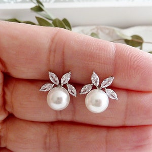 Stud earrings FLOWER pearl round zirconia silver cz bridal jewelry bridal earring bridesmaid wedding wedding jewelry branch pearl earrings bride