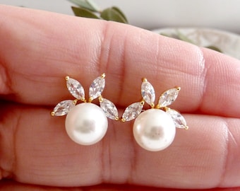 Stud earrings FLOWER pearl round zirconia gold bridal jewelry bridal earring bridesmaid wedding wedding jewelry branch pearl earrings bride