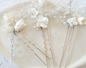 Braut Perle set Haarnadeln Mit Blumen  / brautfrisur Haarnadel Kopfschmuck Hochzeit / Perlenset in silber mit Blüten / weiße blume Headpiece