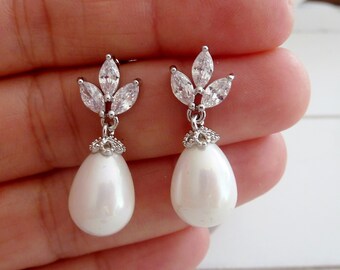 Stud earrings drop pearl princess zirconia silver bridal jewelry bridal earrings wedding wedding jewelry pearl earrings bride silver plated white