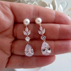 Stud earrings pearl drops rhinestone zirconia bridal jewelry white ivory cream rose gold wedding wedding jewelry leaf branch pearl earrings cz