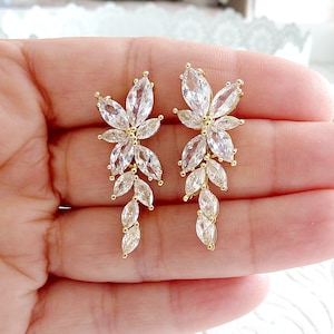 Stud earrings Crystal gold zirconia drop branch CZ bride bridal stud earrings bridal jewelry bridal earrings wedding jewelry wedding leaf crystal