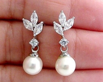 Stud earrings drop pearl princess zirconia silver bridal jewelry bridal earrings wedding wedding jewelry pearl earrings bride silver plated white