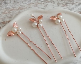 Braut Perlen Haarnadeln Set mit Blatt  / brautfrisur Haarnadel Kopfschmuck Hochzeit / Perlenset in rosegold  , brauthaarschmuck Blätter