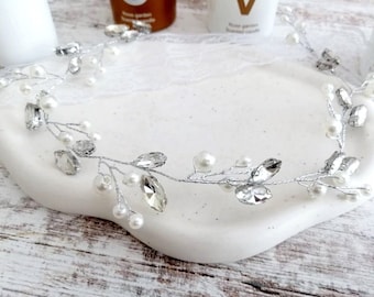 Haarband Braut Perlen für Brautfrisur mit Zirkonia / Silberne Haarrebe für Brautfrisur  Hochzeit/ Perlenhaarband , Brauthaarschmuck funkelt