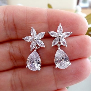 Stud earrings drop rhinestone flower glitter zirconia silver bridal jewelry bridal earrings wedding wedding jewelry pearl earrings bride silver plated