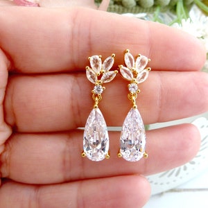 Stud earrings Crystal gold zirconia drops branch boho bride bridal studs bridal jewelry bridal earrings wedding jewelry wedding gold plated