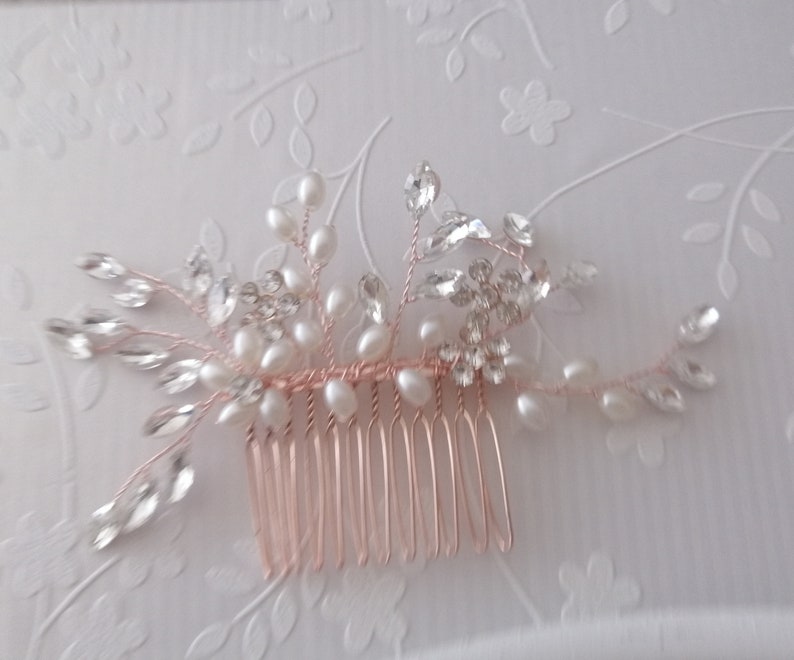 Braut Haarkamm für die Hochzeit / Kopfschmuck mit Perlen / Haarschmuck strass silber, Goldener brautkamm für brautfrisur, headpiece rosegold Bild 3