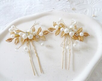 Bridal set hair accessory hairpin with flower pearls and rhinestones / bridal hairstyle jewelry hairpin / headpiece in gold / wedding hair accessory