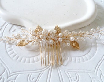 Braut Haarschmuck in  gold, Haarkamm, weiße und transparente Perlen, Schmuck für Hochzeit, goldene Blätter, hochwertiger Brauthaarschmuck,