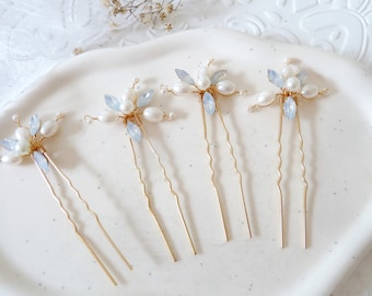 Bridal pearl SET hairpins / bridal hairstyle hairpin headpiece wedding / pearl set in gold with zirconia flowers white, gold, something blue