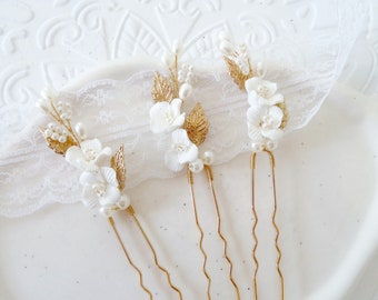 Braut Perle SET Haarnadeln mit Blättern in gold / brautfrisur Haarnadel Kopfschmuck Hochzeit / Brauthaarschmuck mit Blumen Blüten weiß