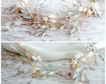 Bridal hair accessories with flowers pearls/ hairband for wedding / hair wreath with pearls, something blue, golden hairpiece with flowers, hair vine bride