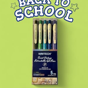 Puede incluir: Un paquete de cinco bolígrafos de gel retráctiles Writech "Sweet Vintage" de 0,5 mm, en varios colores. El embalaje muestra el texto "Back to School" sobre un fondo verde. Para una escritura fluida.