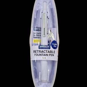 Puede incluir: Un bolígrafo fuente retráctil blanco con una punta fina. El bolígrafo está empaquetado en una caja de plástico transparente con la marca "Writech Write Different" y el texto "Erasable Blue".